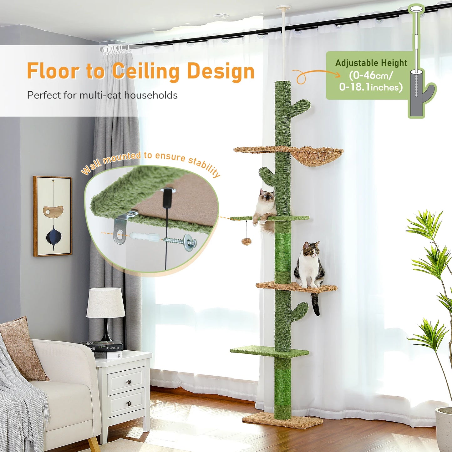 5-Tier Floor to Ceiling Cat Tower Cactus Climbing Tree