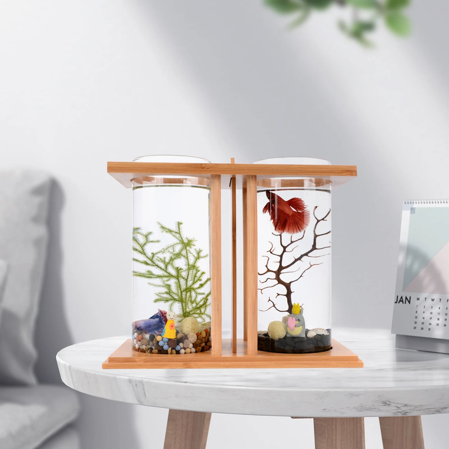 Desktop Mini Fish Tank, Dual-Cylinder Acrylic Aquarium