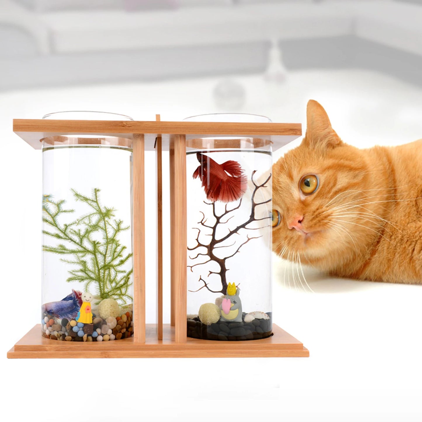 Desktop Mini Fish Tank, Dual-Cylinder Acrylic Aquarium