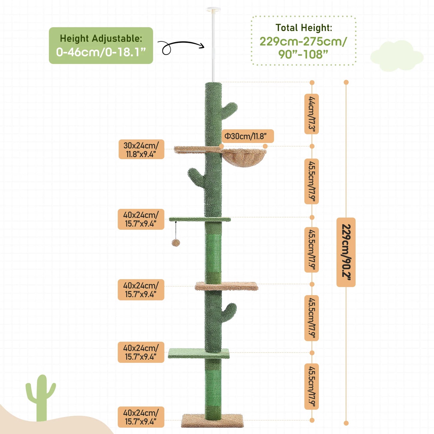 5-Tier Floor to Ceiling Cat Tower Cactus Climbing Tree